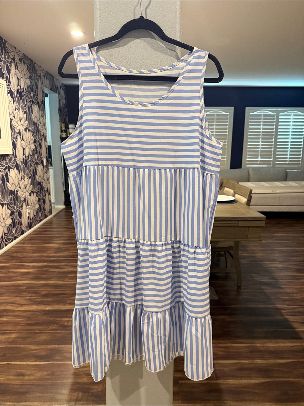 SHEIN Blue and White Striped Sleeveless Tiered Midi Dress